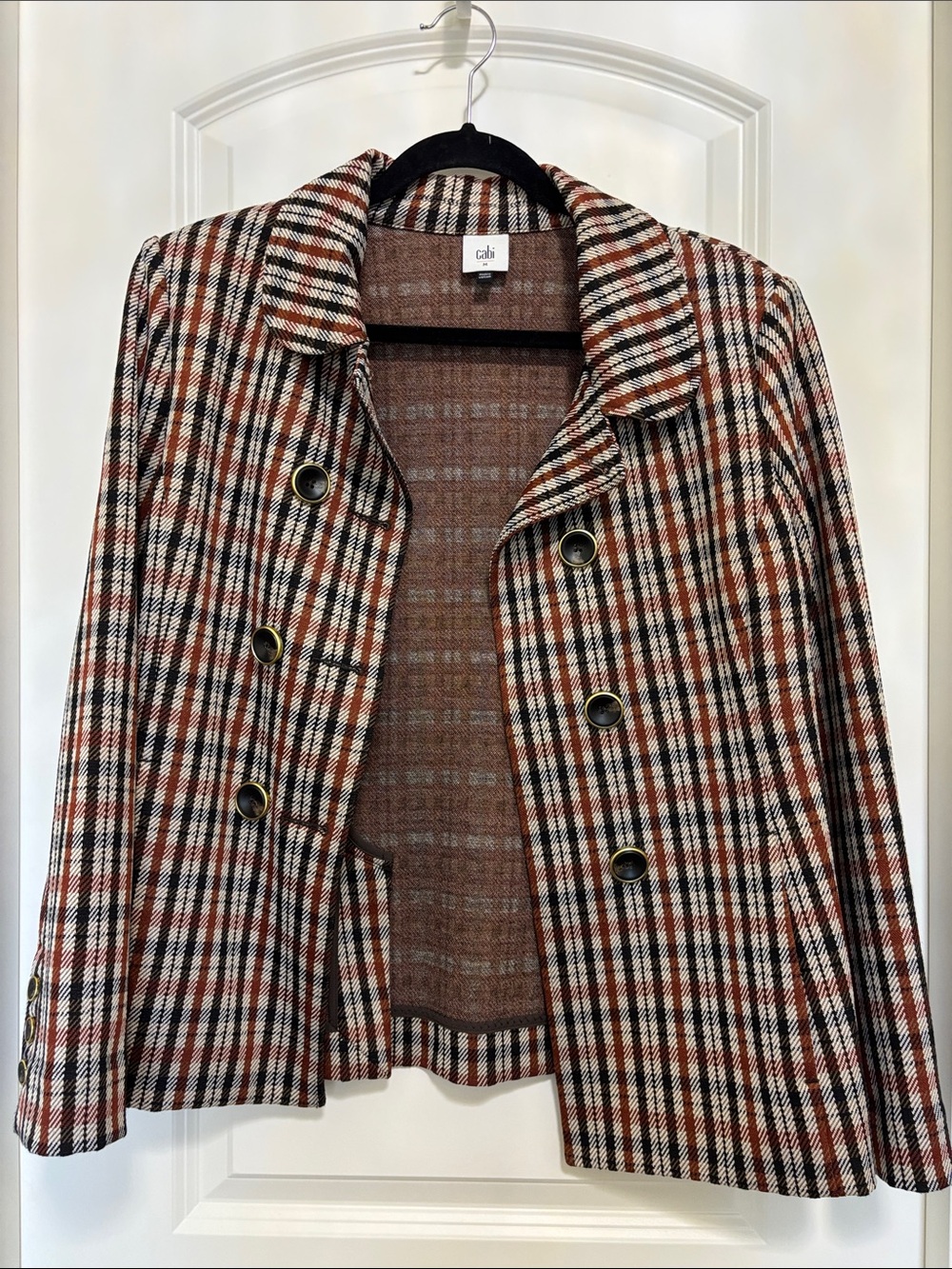 CAbi Jazzy Plaid Double-Breasted Blazer in Rust, Black & Cream